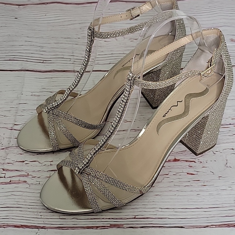 Nina Metallic Gold T-Strap Block Heel Sandals